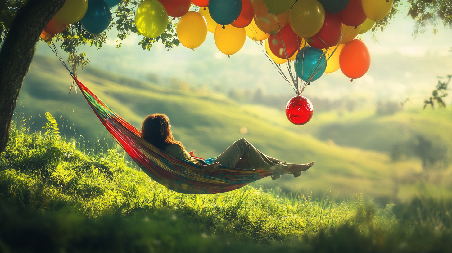 Woman relaxes in hammock with colorful balloons in scenic landscape