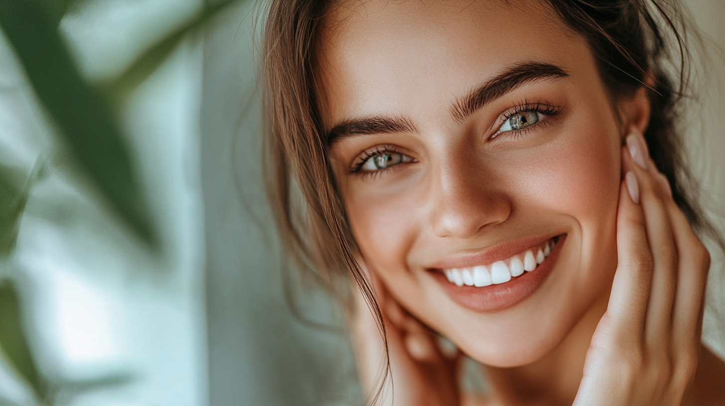 Woman removes makeup in office, smiling, natural beauty.