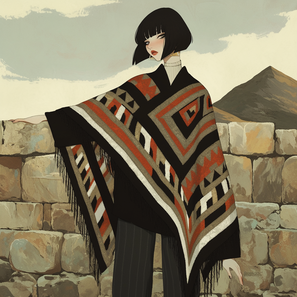 Woman resembling Louise Brooks, wearing geometric poncho, stands by ancient stone wall in Paracas, in raw comic book style.