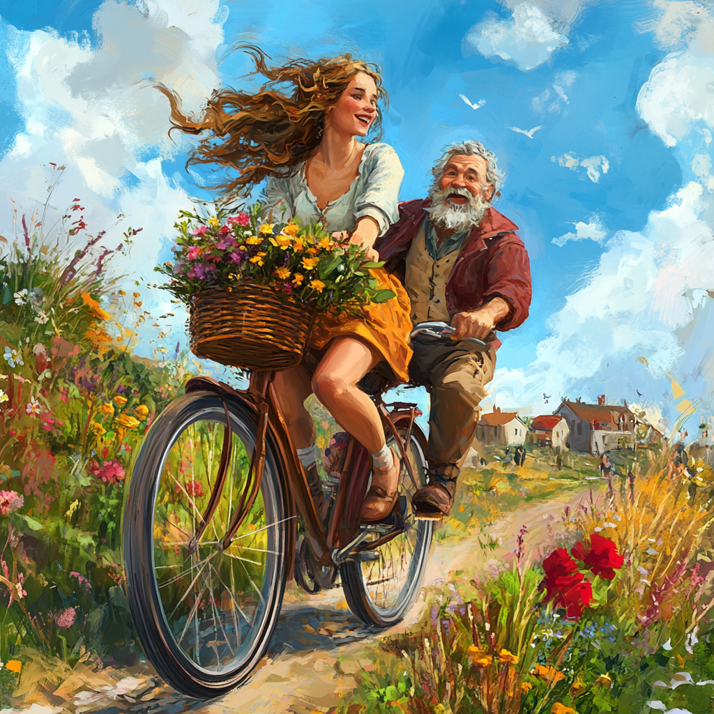 Woman rides bicycle with man in basket full of flowers herbs.