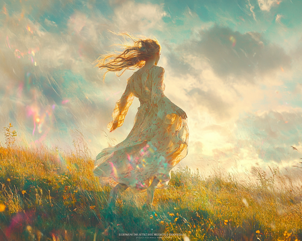 Woman running down hill in sunny weather with wind.