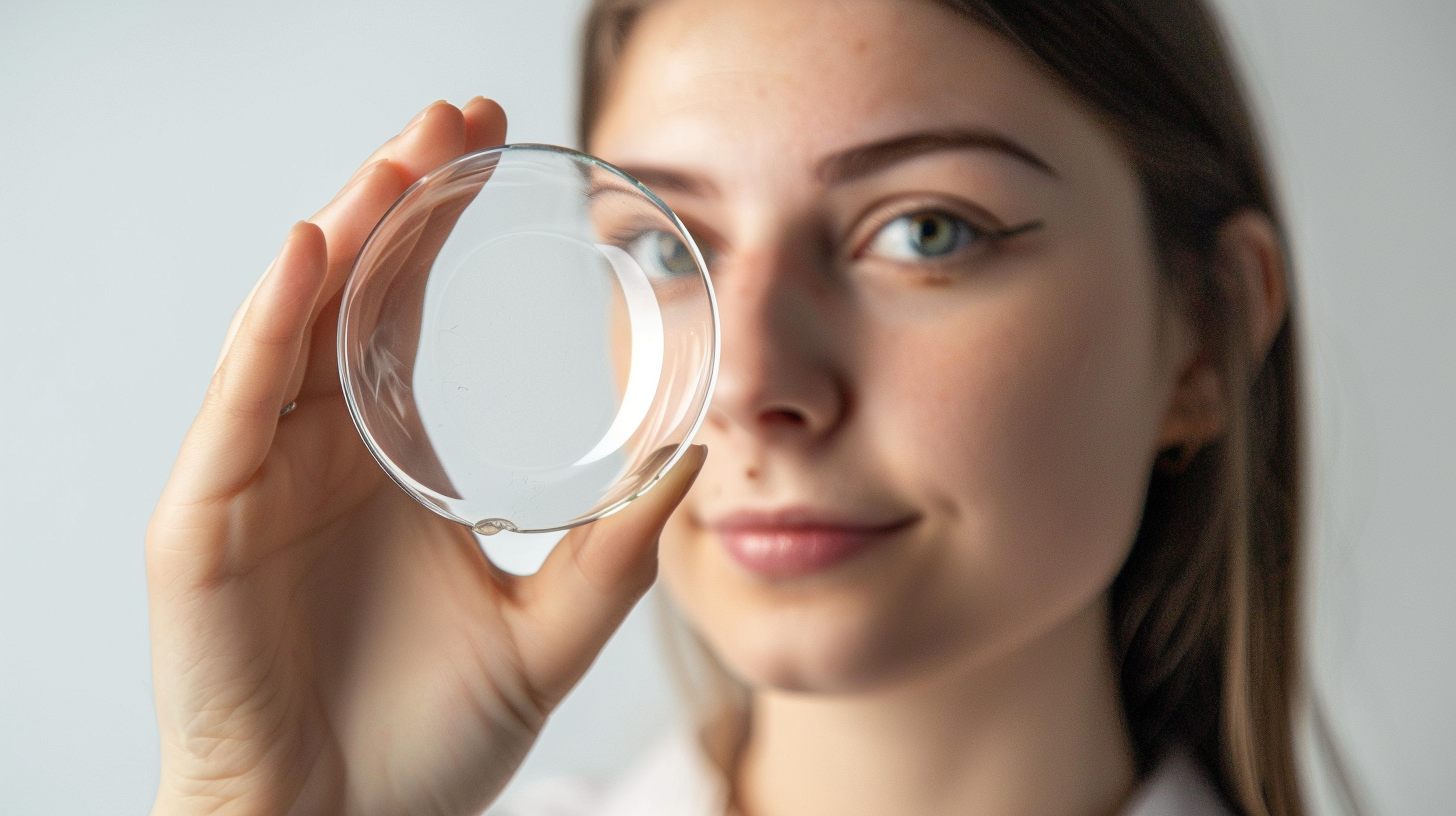 Woman showcasing 23cm half-circle on white background