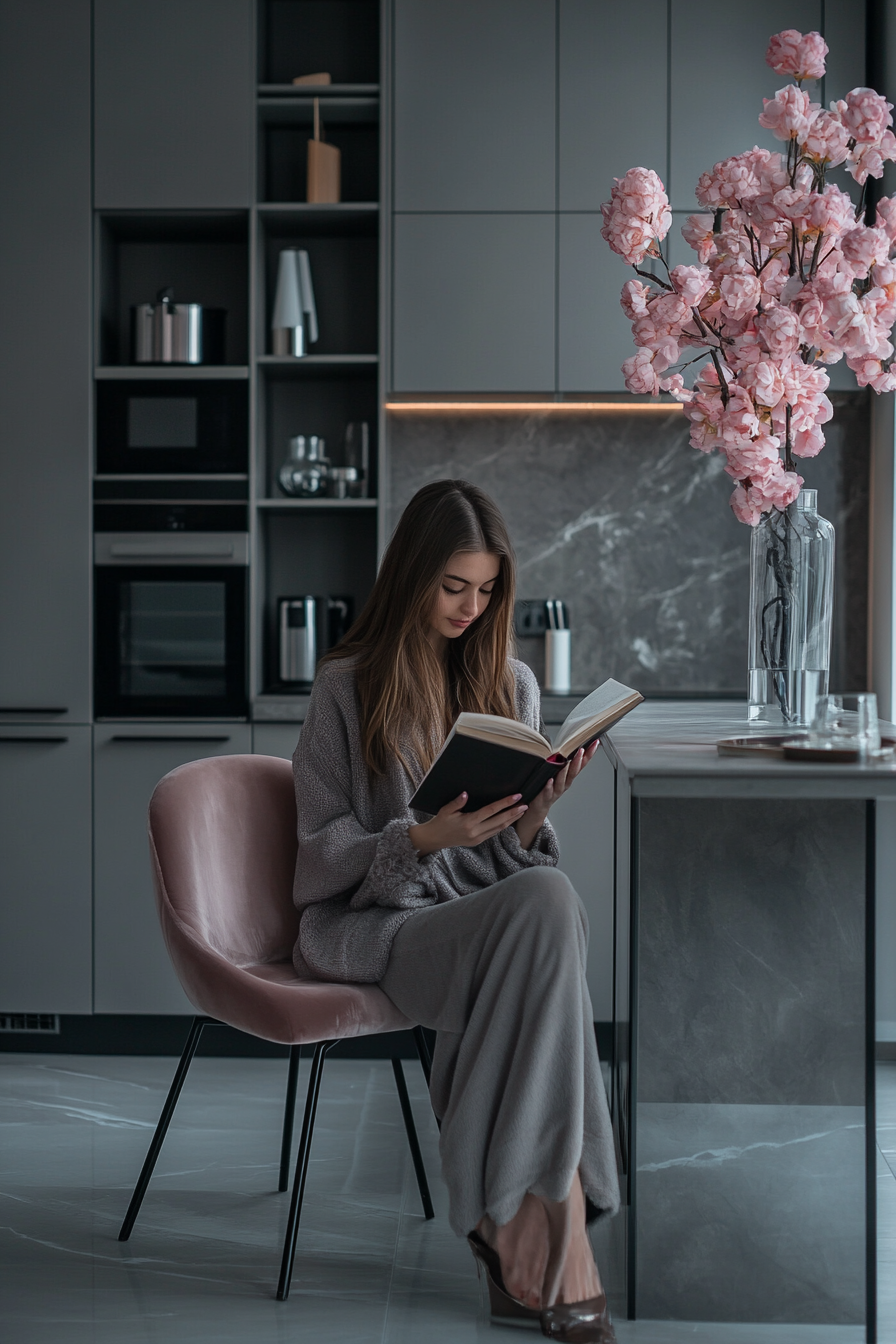 Woman sits in cozy kitchen reading book.