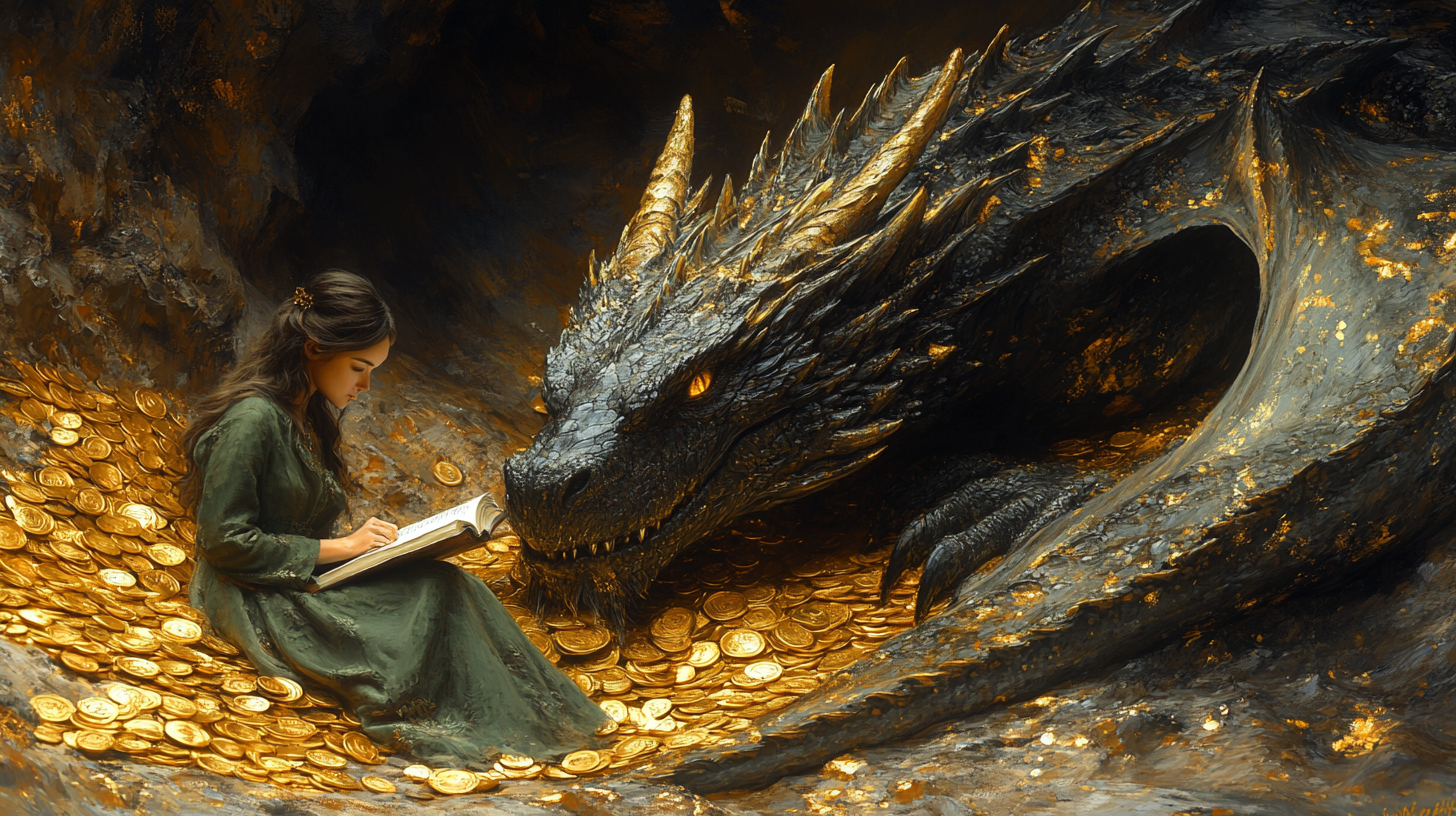 Woman sits next to sleeping dragon in golden cave.