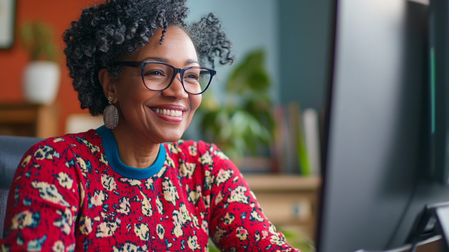 Woman smiling on virtual meeting, building community connection.