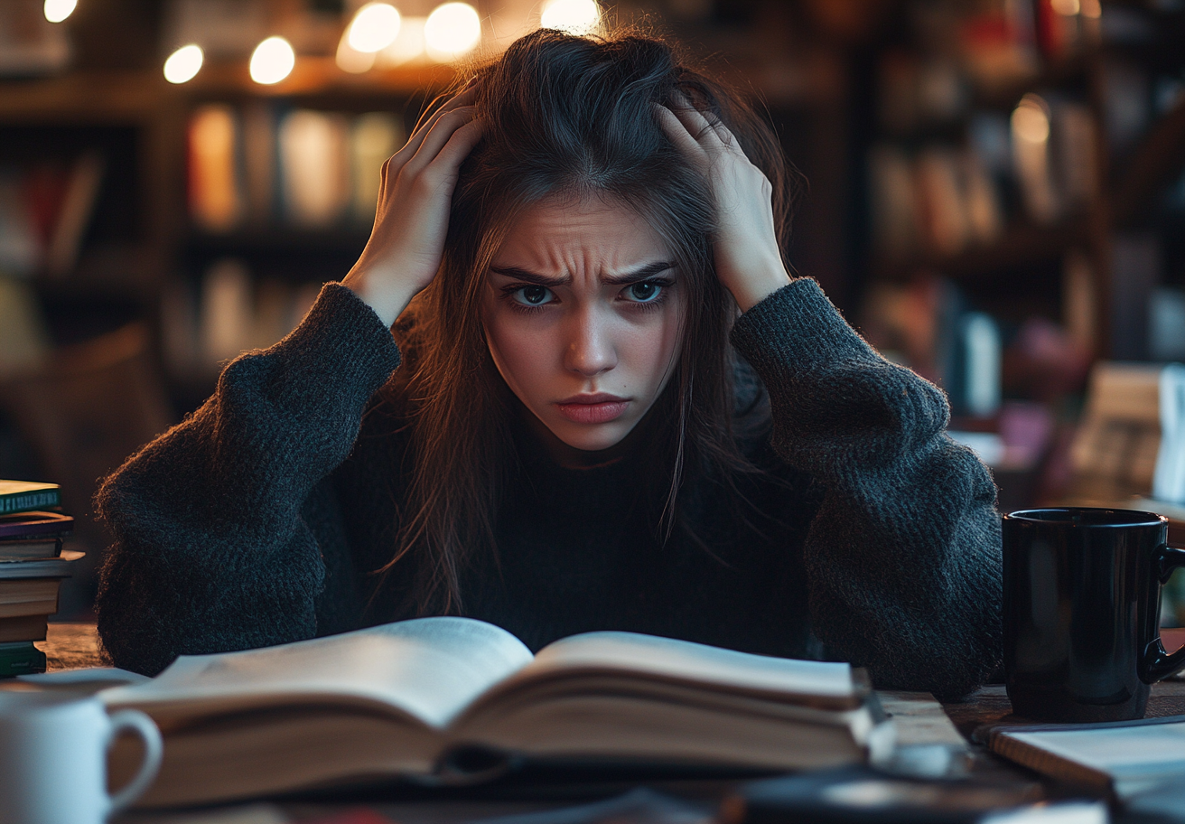 Woman studying with books and coffee; looking concerned.