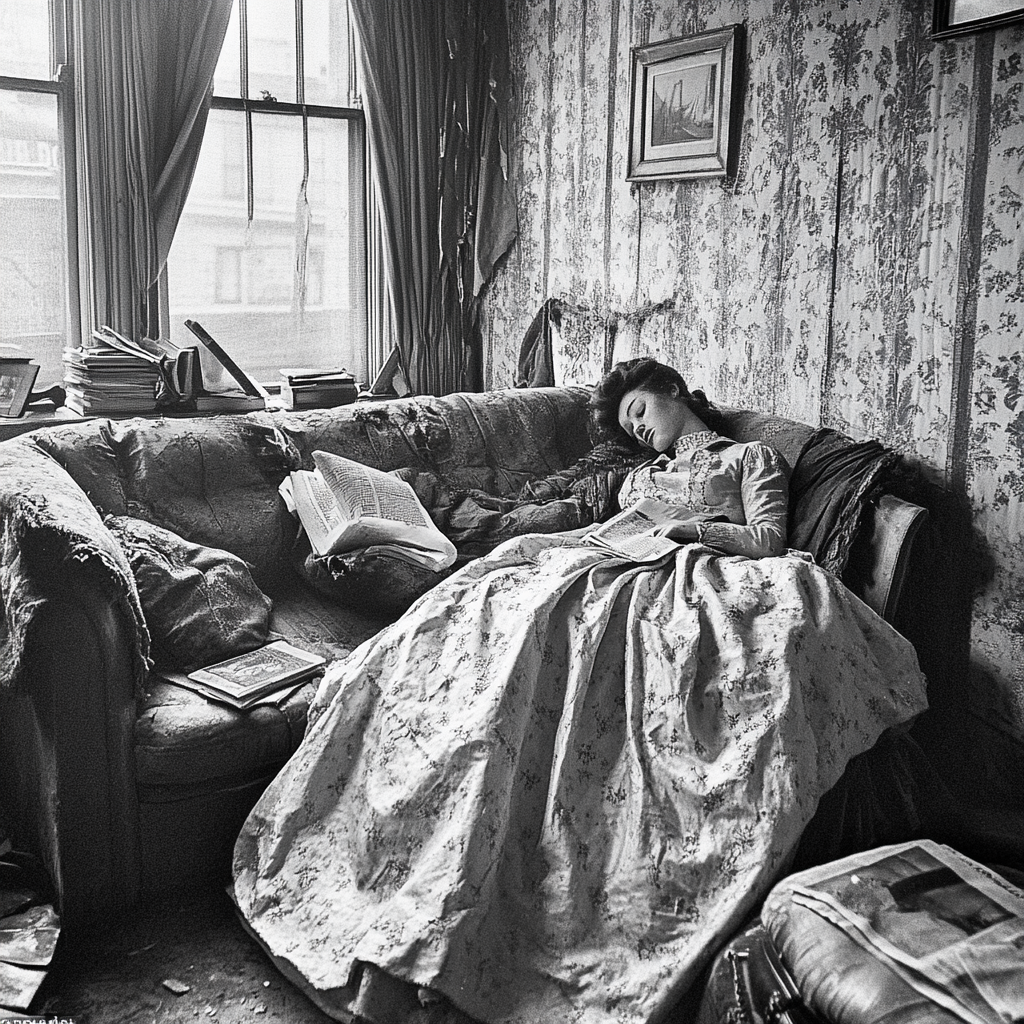 Woman swallowed by sofa while husband reads newspaper, 1964.