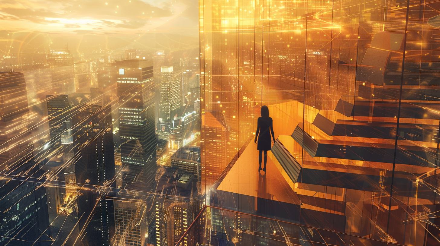 Woman triumphs, reaching top of glass office staircase. Skyline below.