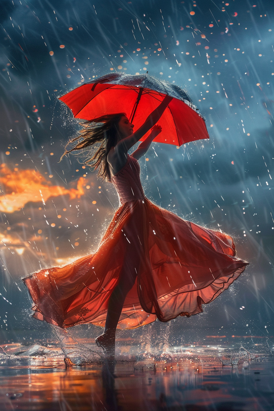 Woman twirling in rain with vibrant red umbrella.