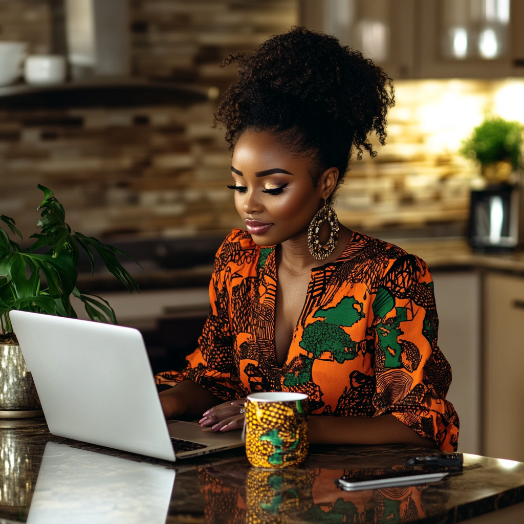 Woman typing on laptop in beautiful kitchen with plants.