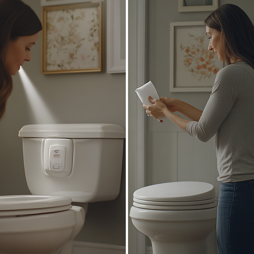 Woman uses product to clean toilet seat