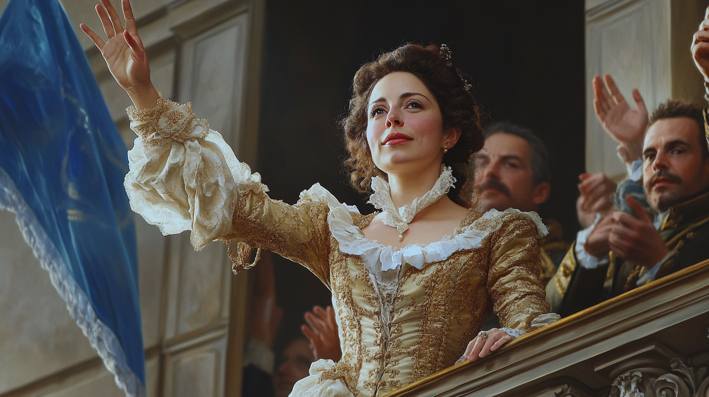 Woman waving from balcony to husband with people cheering.