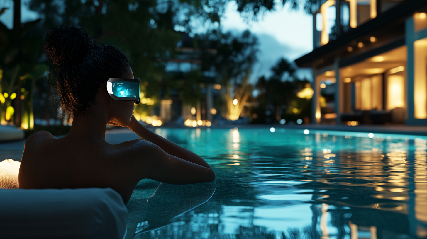 Woman wearing Apple Vision Pro sunglasses, viewing luxury homes.