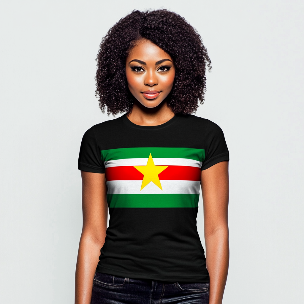 Woman wears flag design t-shirt with red, green stripes.