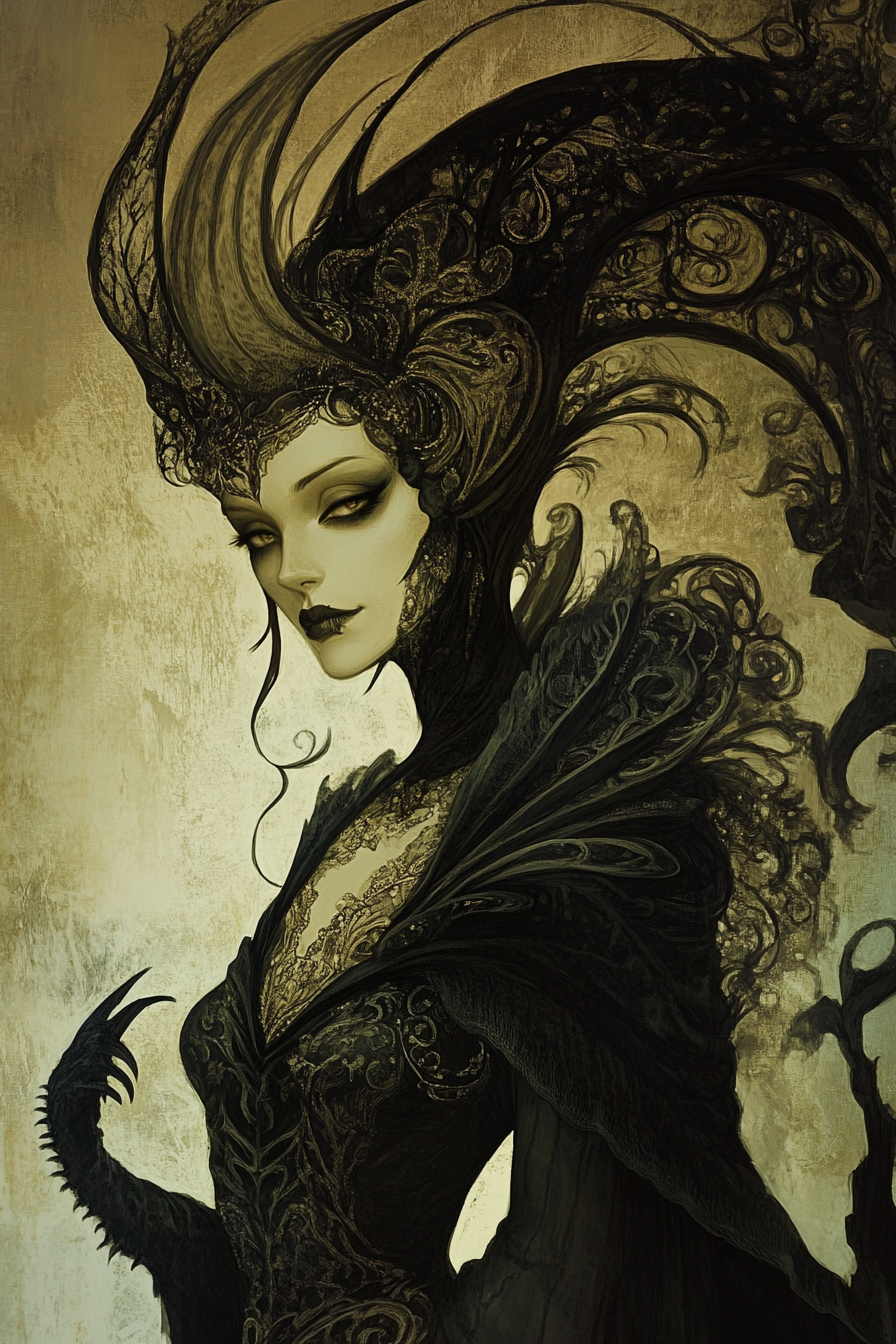 Woman witch creature illustration, detailed and elegant.