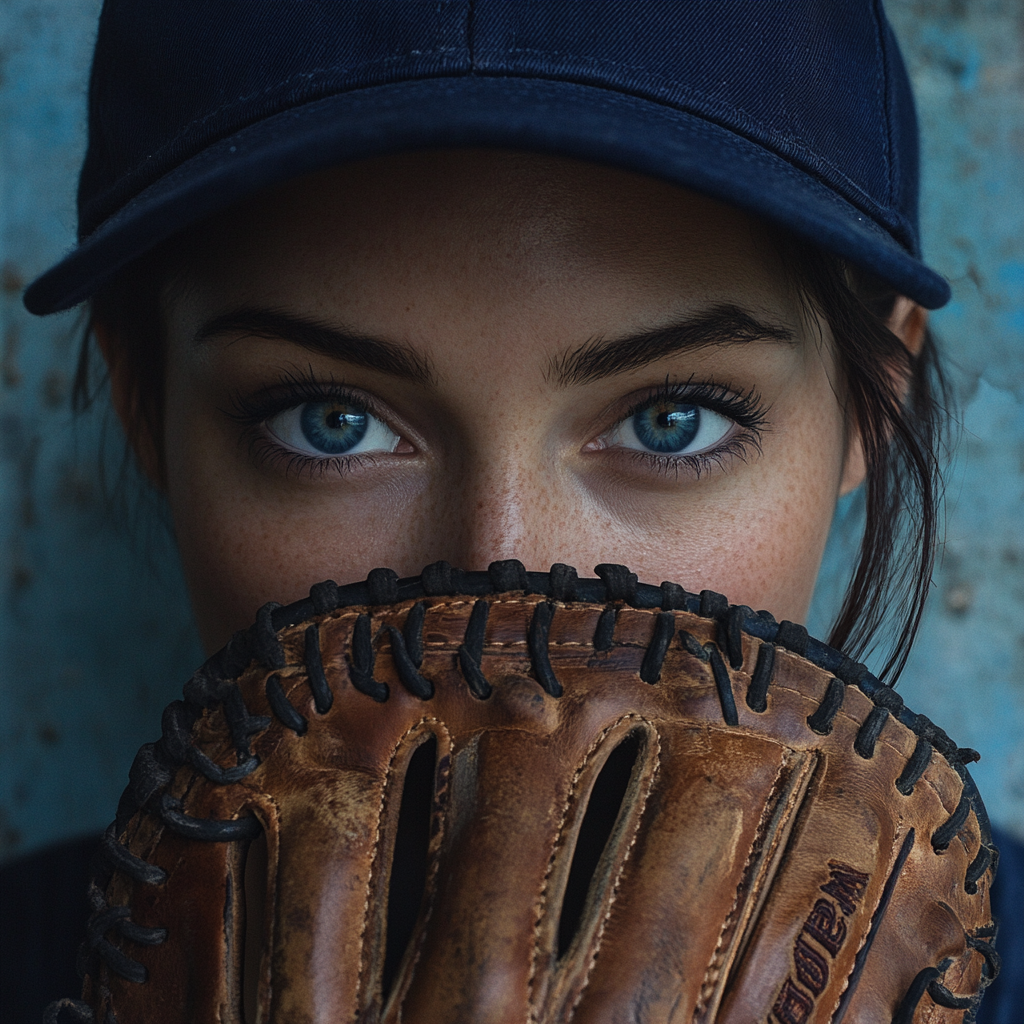 Woman with Blue Eyes Wearing Cap and Baseball Glove