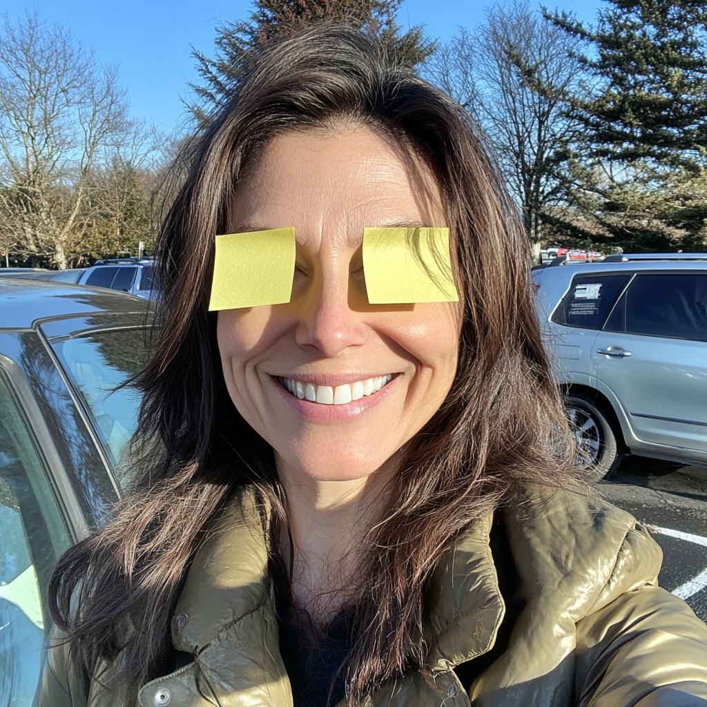 Woman with Post-It Notes Selfie in Manchester Parking Lot