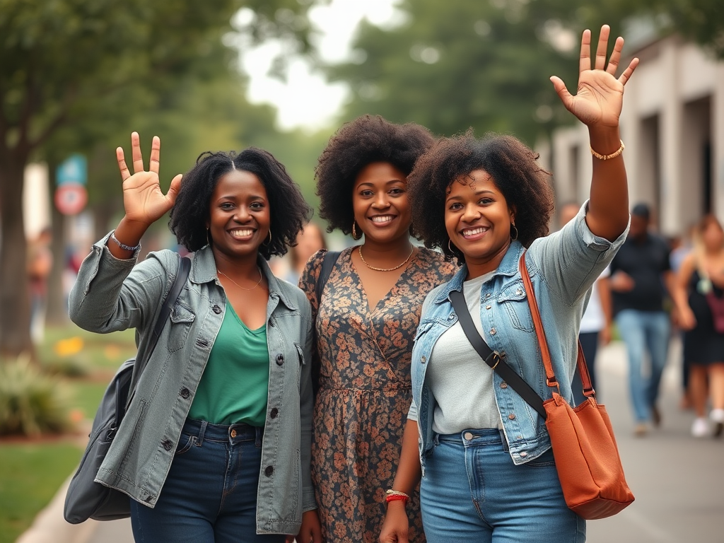 Woman with arms up, waving in celebration.