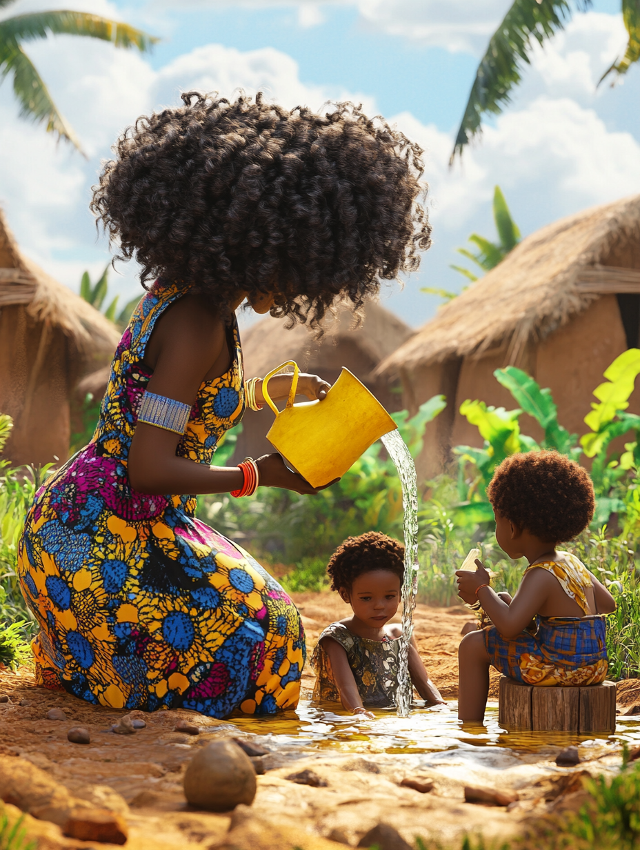 Woman with big hair pours water for children outside.