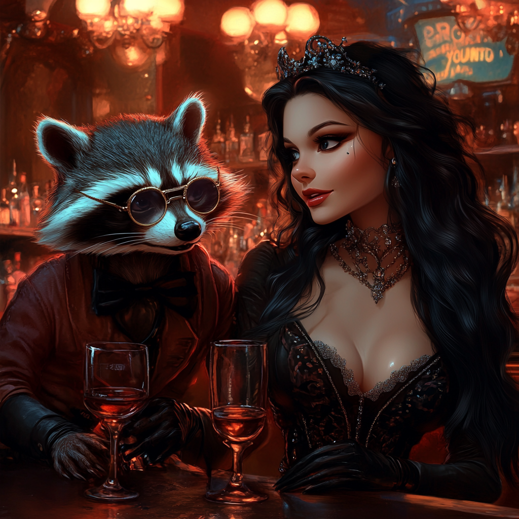 Woman with black hair at bar conversing with raccoon.