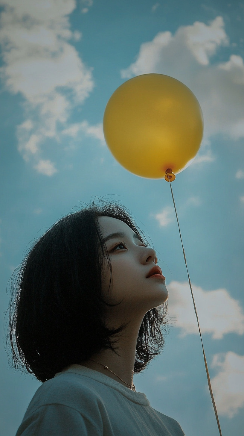 Woman with black hair holding yellow balloon in clouds.