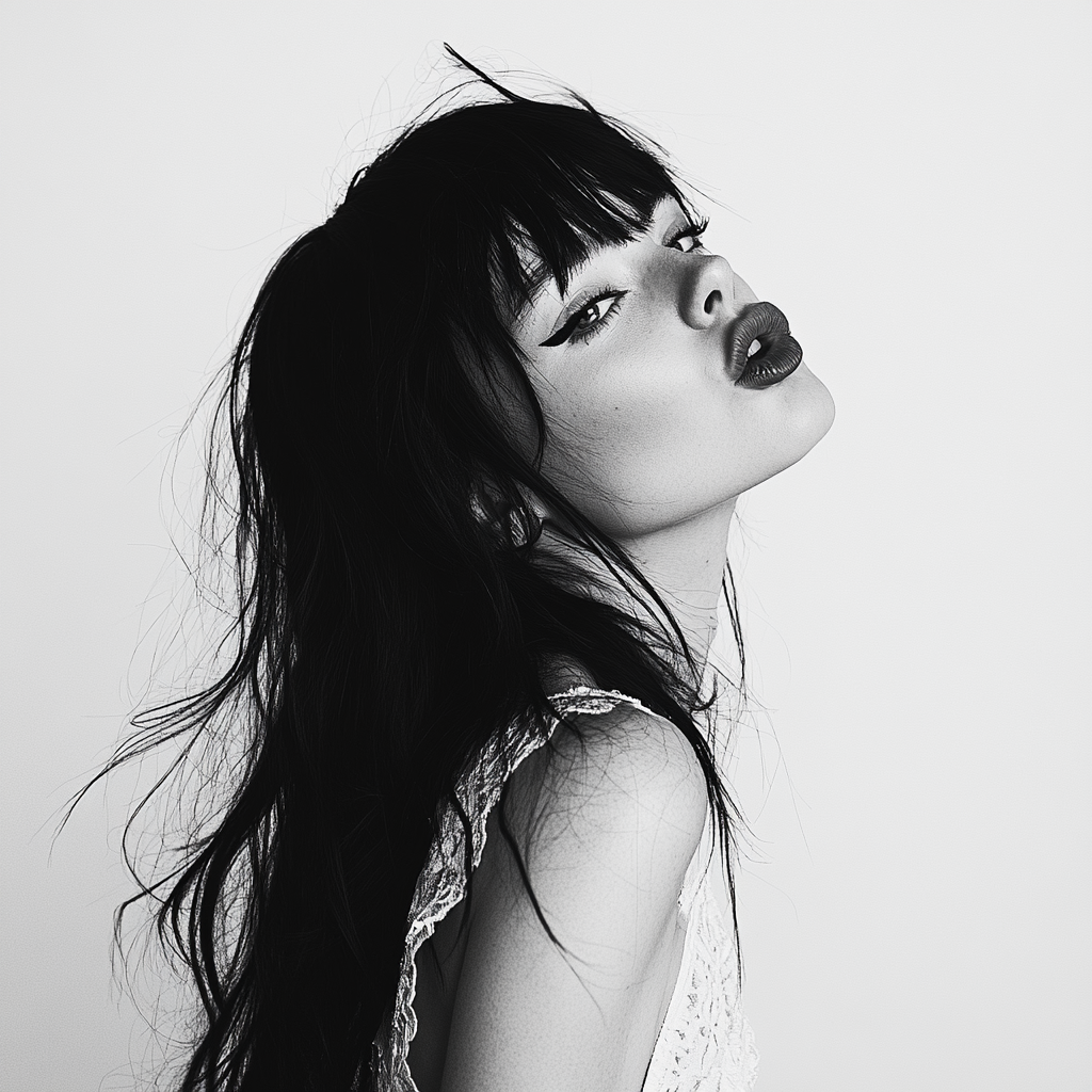 Woman with black wolf mullet, blowing kiss, white dress.