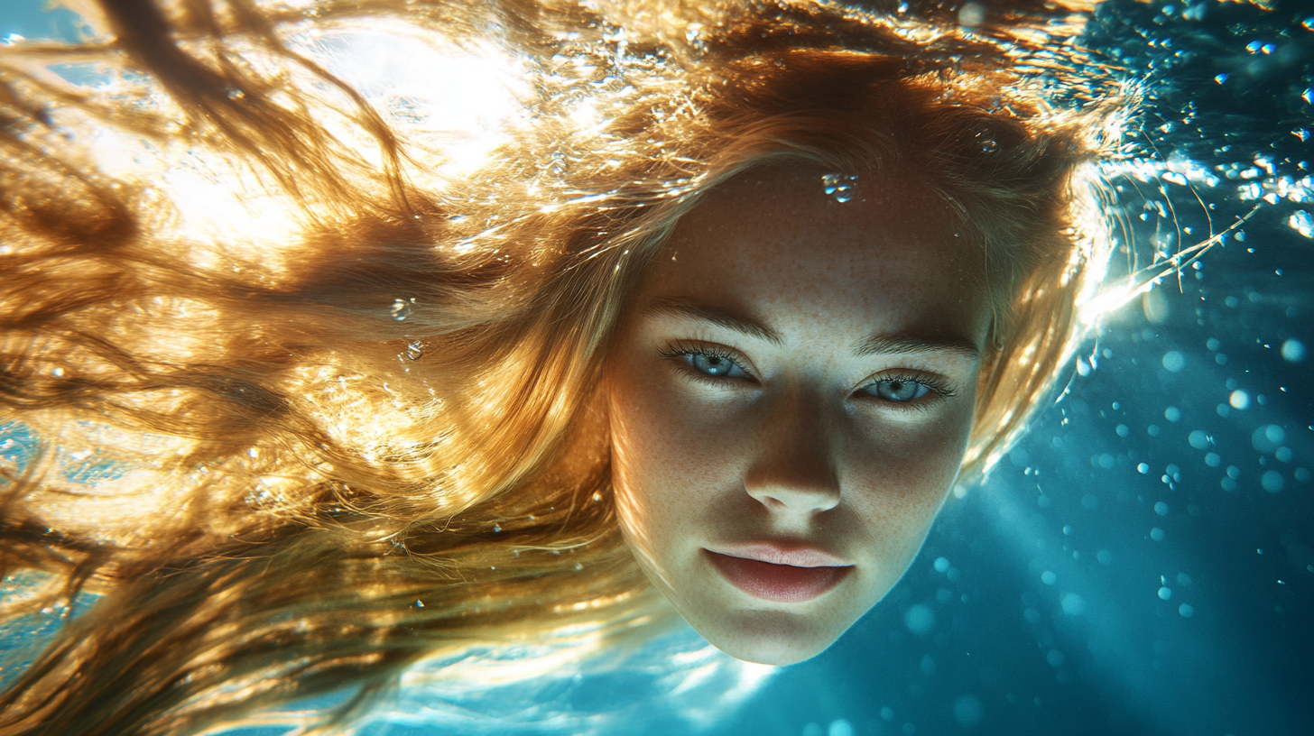 Woman with blonde hair and glowing skin underwater portrait.