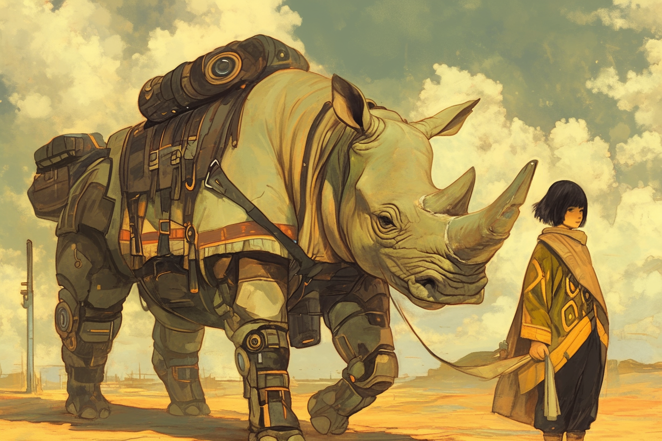 Woman with bob haircut and poncho walking with rhinoceros.