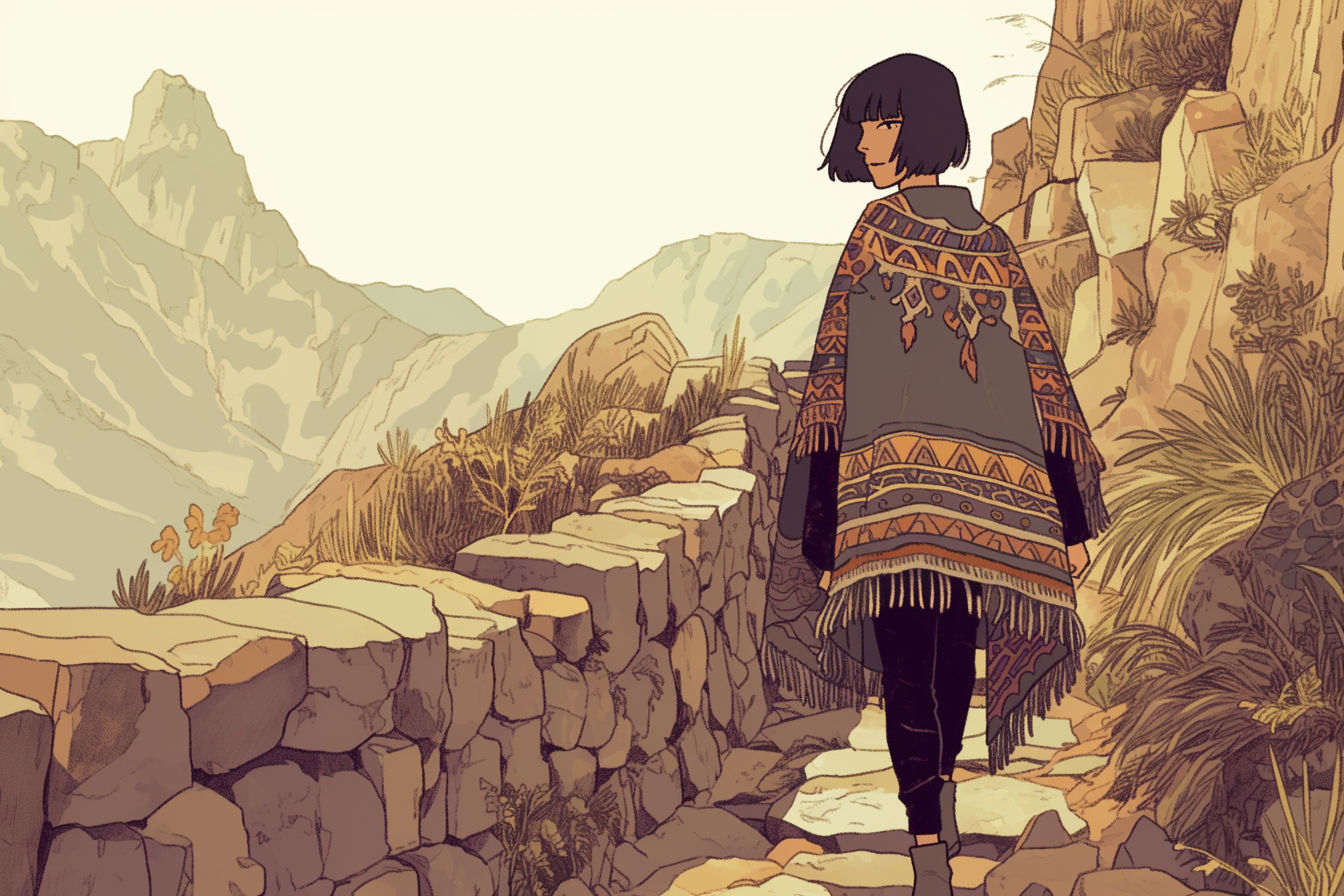 Woman with bob haircut in colorful poncho climbing mountain.