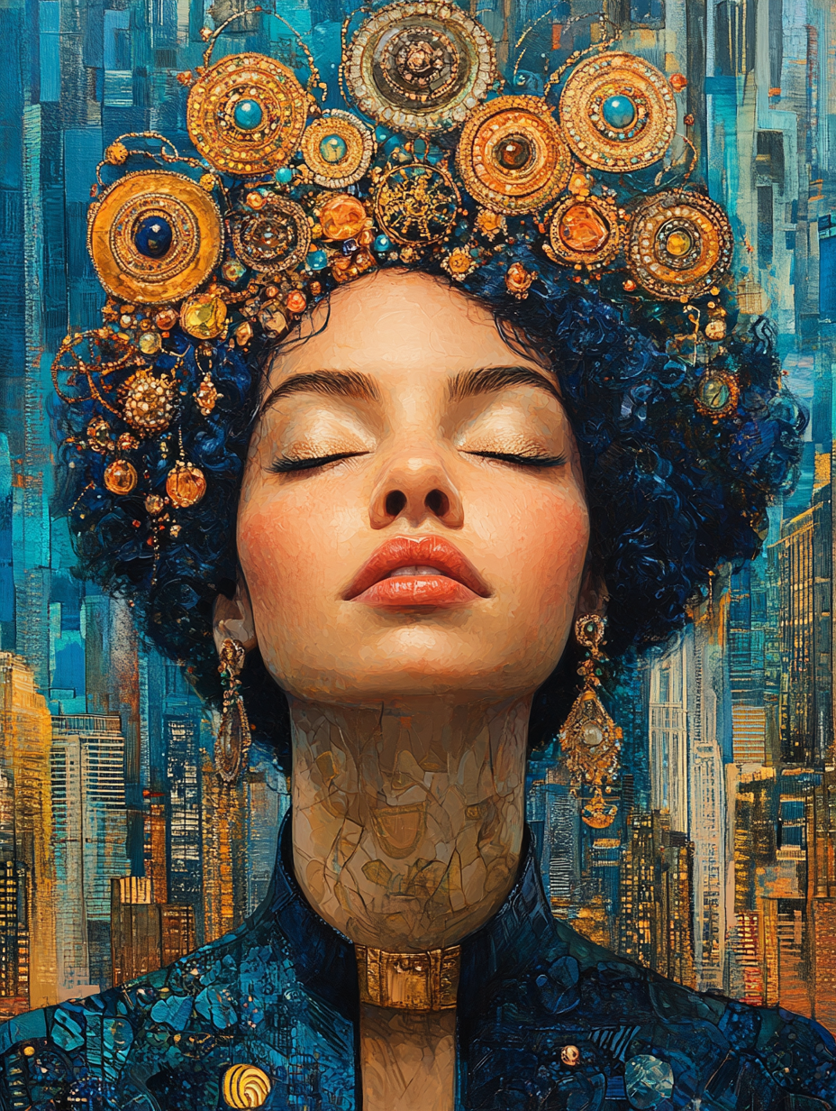 Woman with closed eyes & elaborate headpiece against cityscape.