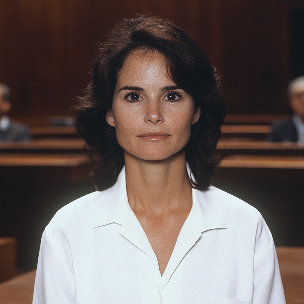 Woman with dark hair, white shirt in court.