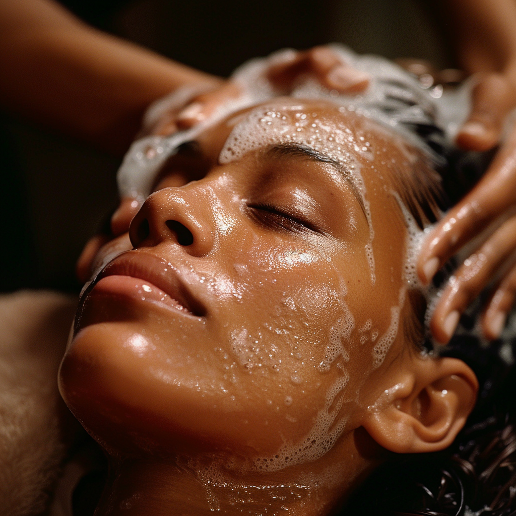 Woman with dark skin getting hair washed at salon, relaxed.