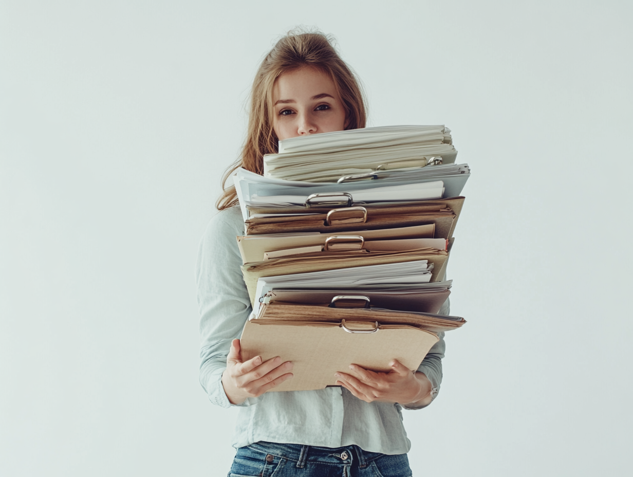 Woman with documents and file rings in hand.