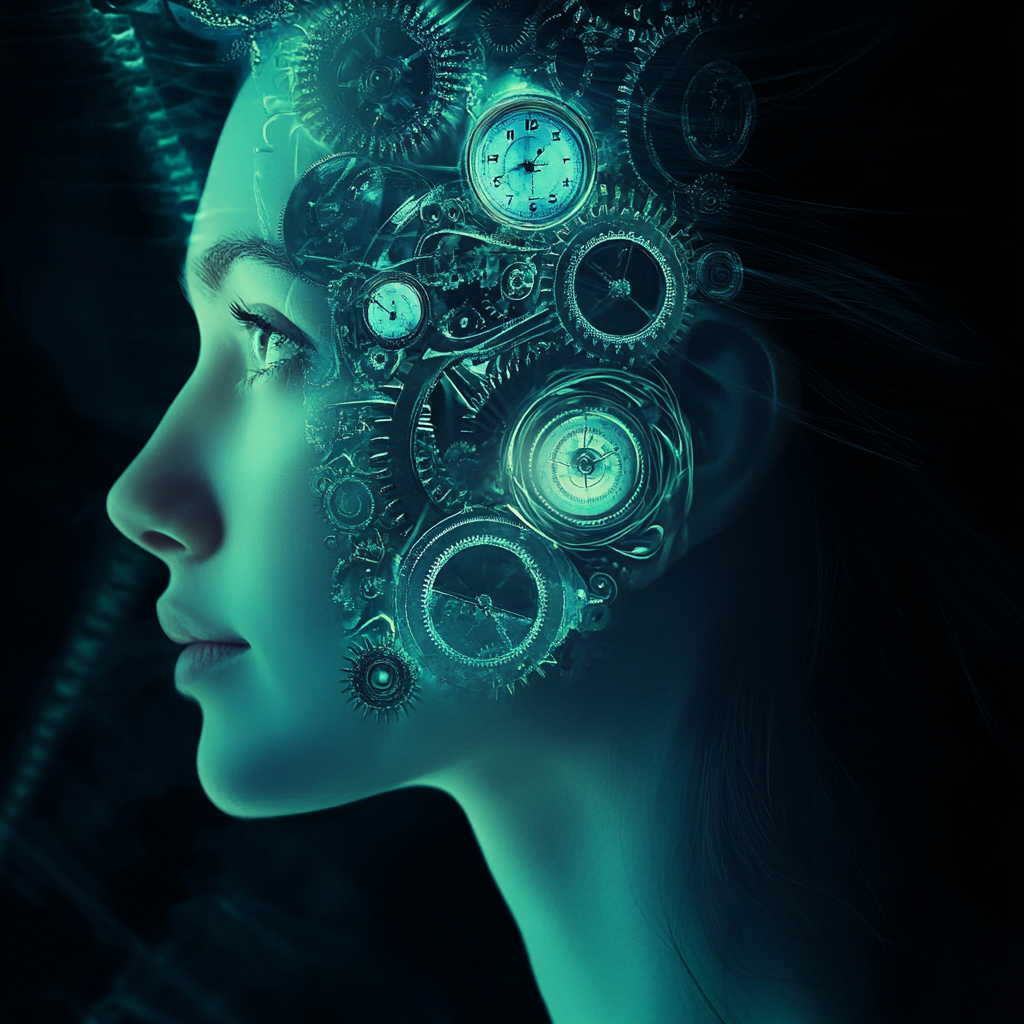 Woman with gears and clock in her brain, glowing.