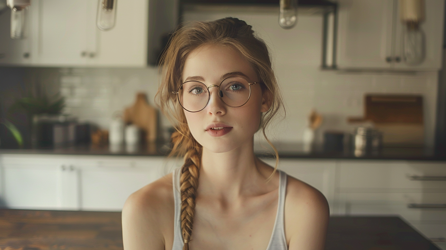 Woman with glasses and braid in modern kitchen.