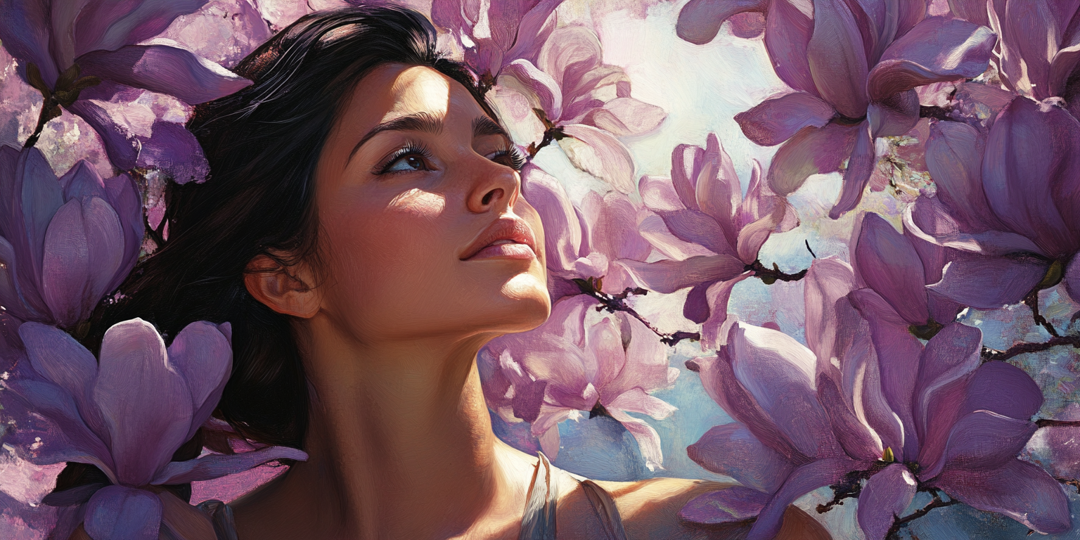 Woman with hope surrounded by magnolia flowers in shadows.