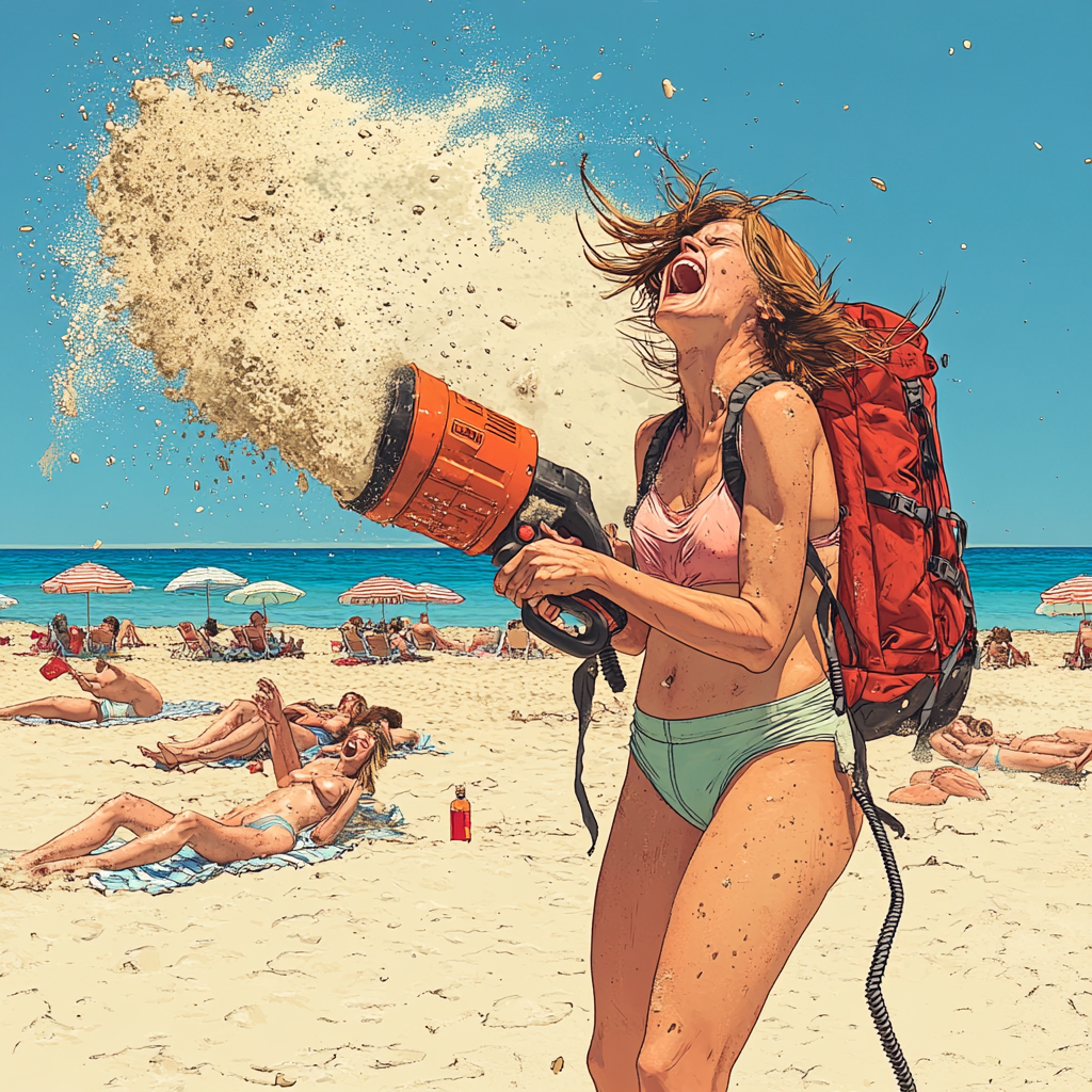 Woman with leafblower blows sand at beachgoers, causing chaos.