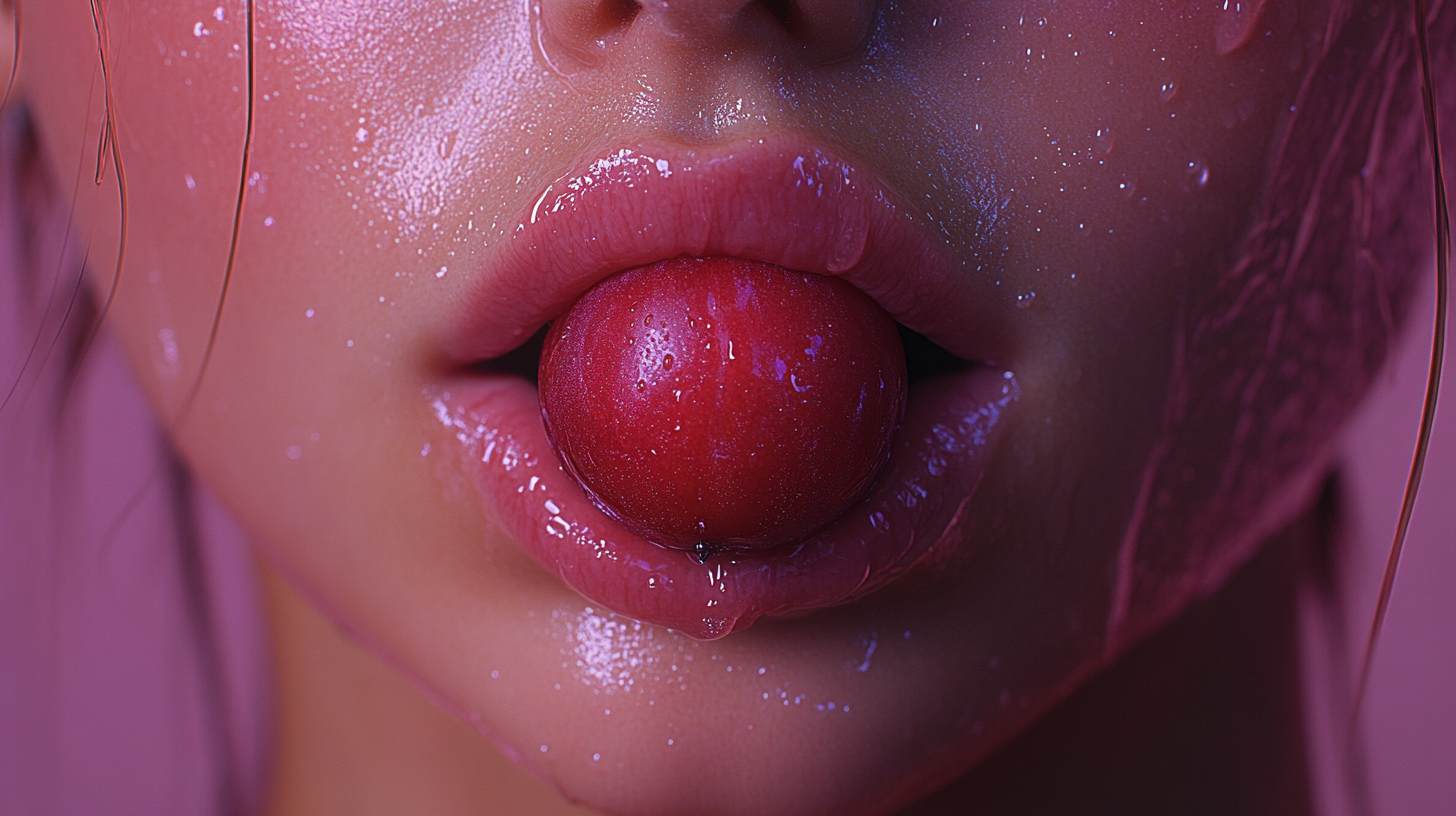 Woman with plum in mouth, lips closeup, pastelcore style.