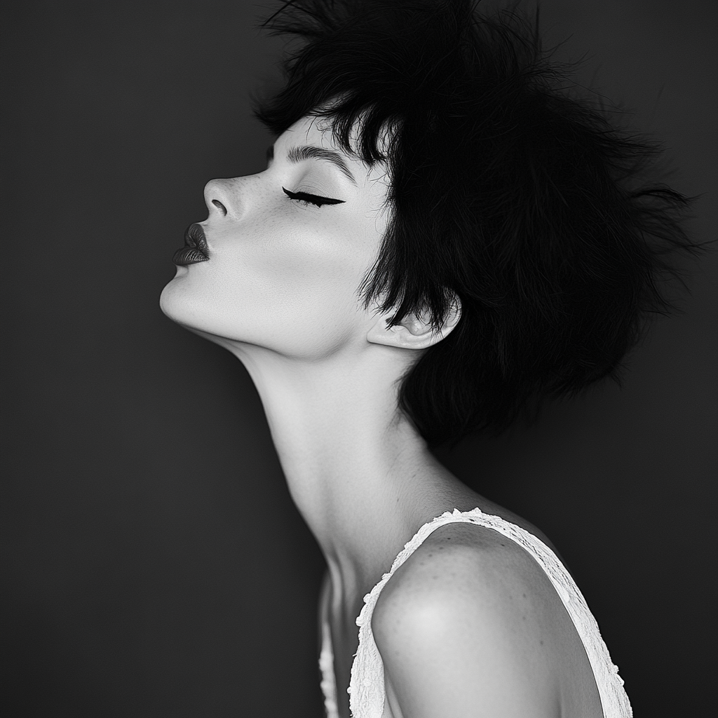 Woman with unique black and white hairstyle, blowing kiss.