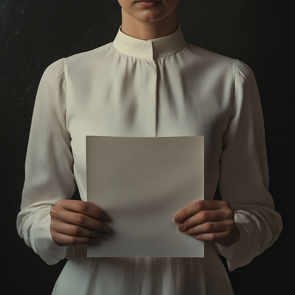 Woman with white dress and paper in hands.