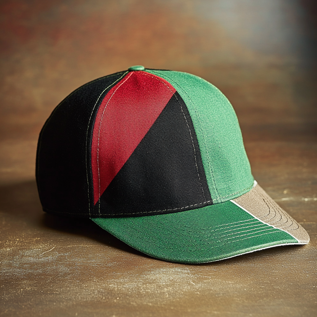 Women's cap with flag design, red triangle, green, black.