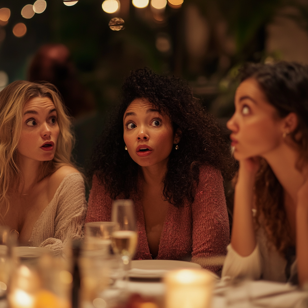 Women at dinner with shocked, offended expressions