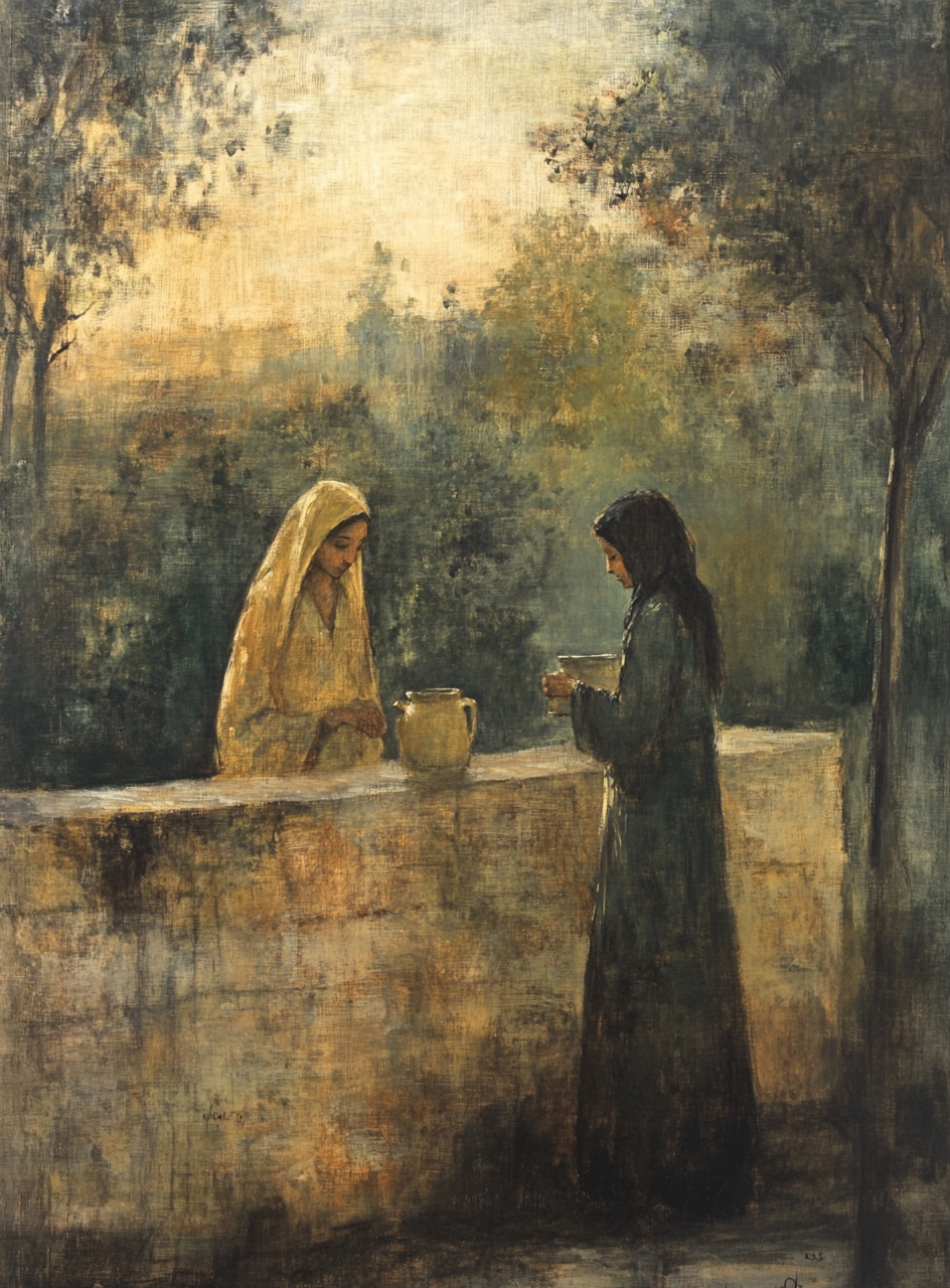 Women at well in peaceful nature setting.