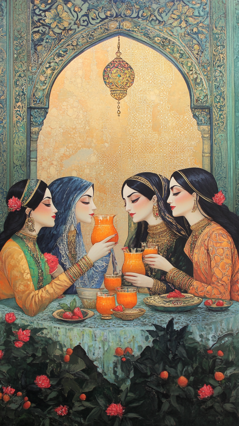 Women drinking soursop juice in ancient Persian setting.