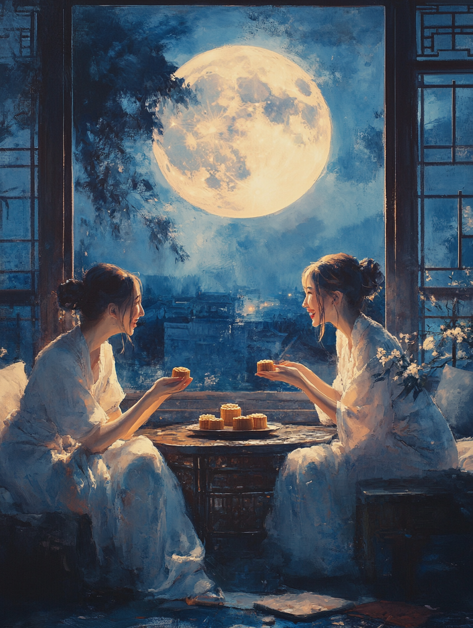 Women enjoying Mid-Autumn Festival in modern room