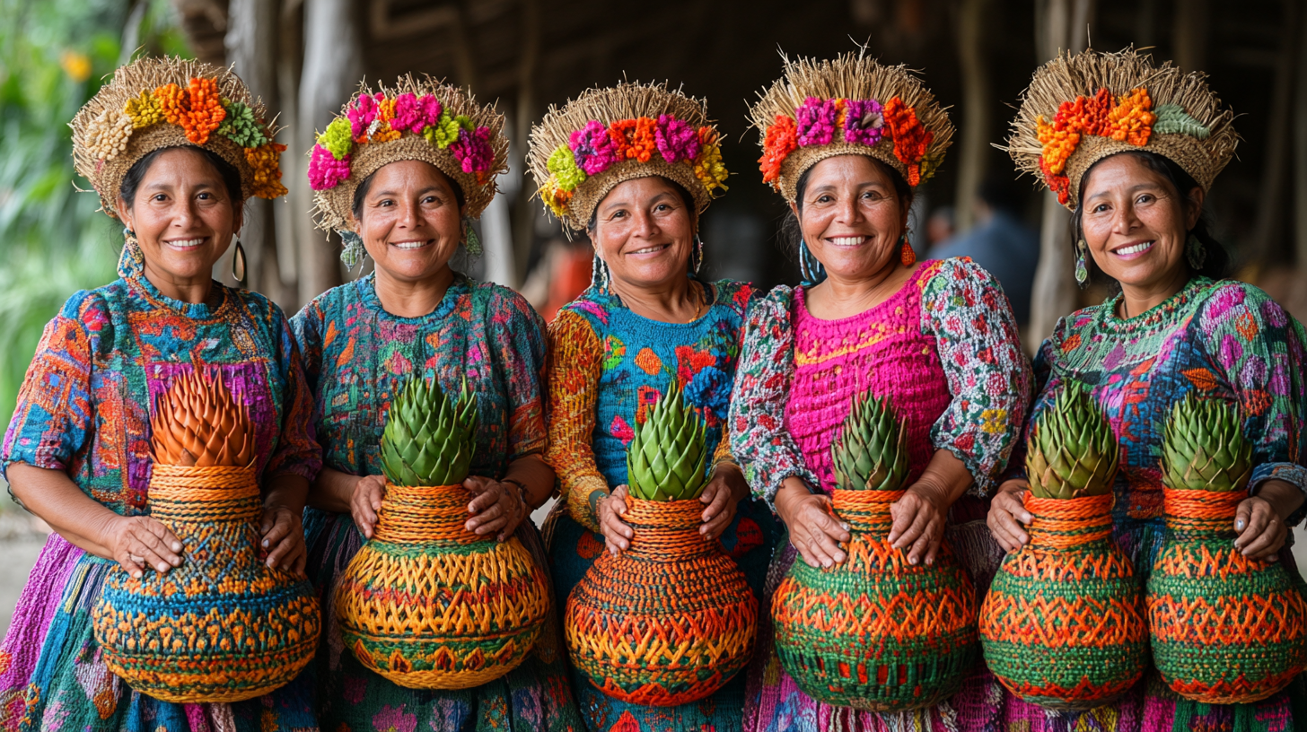 Women from North Brazil with intricate straw vases.