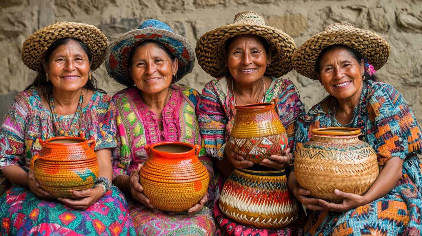 Women from Northern Brazil hold detailed straw pottery.