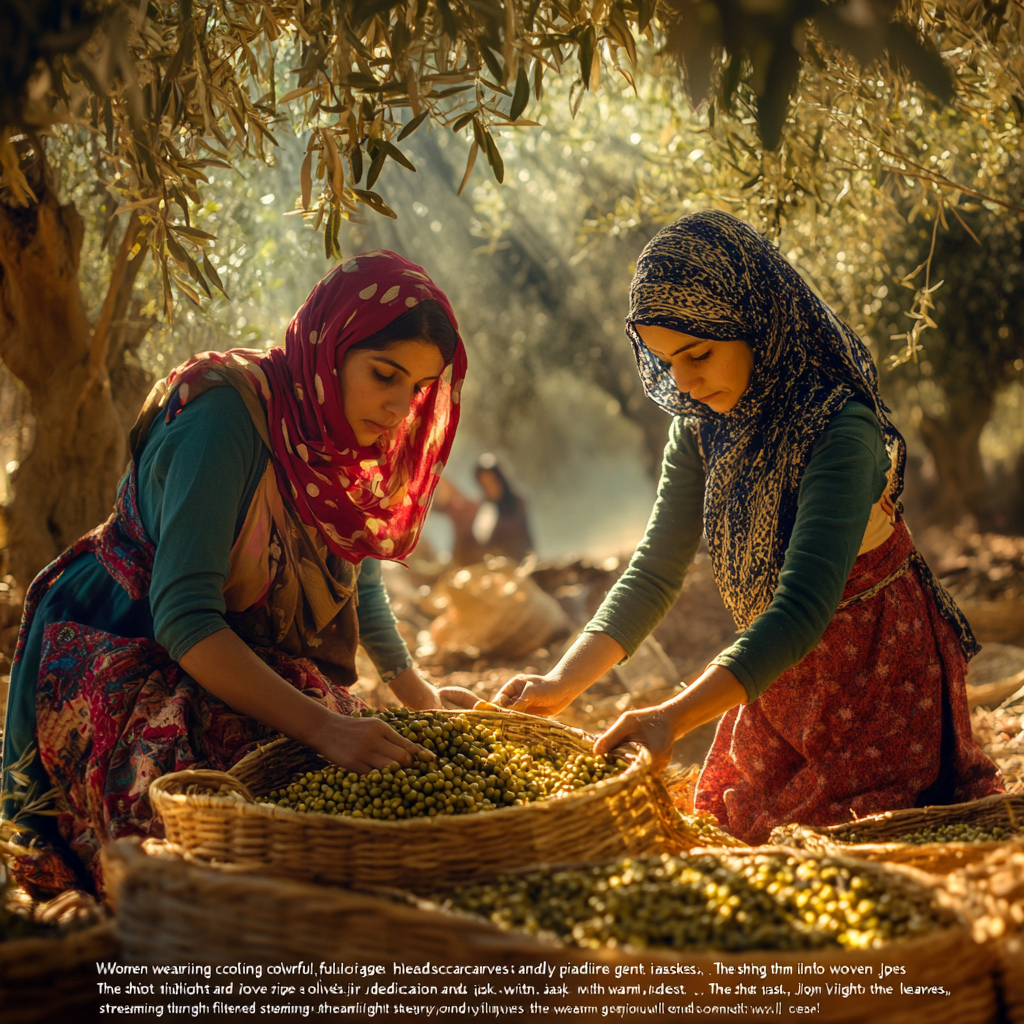 Women happily picking olives in traditional clothes.