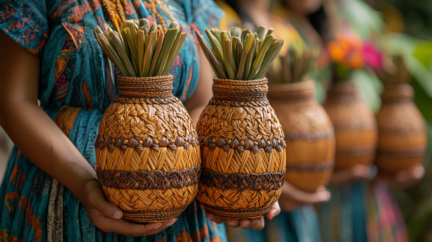 Women holding intricate pots in Brazilian city scene.