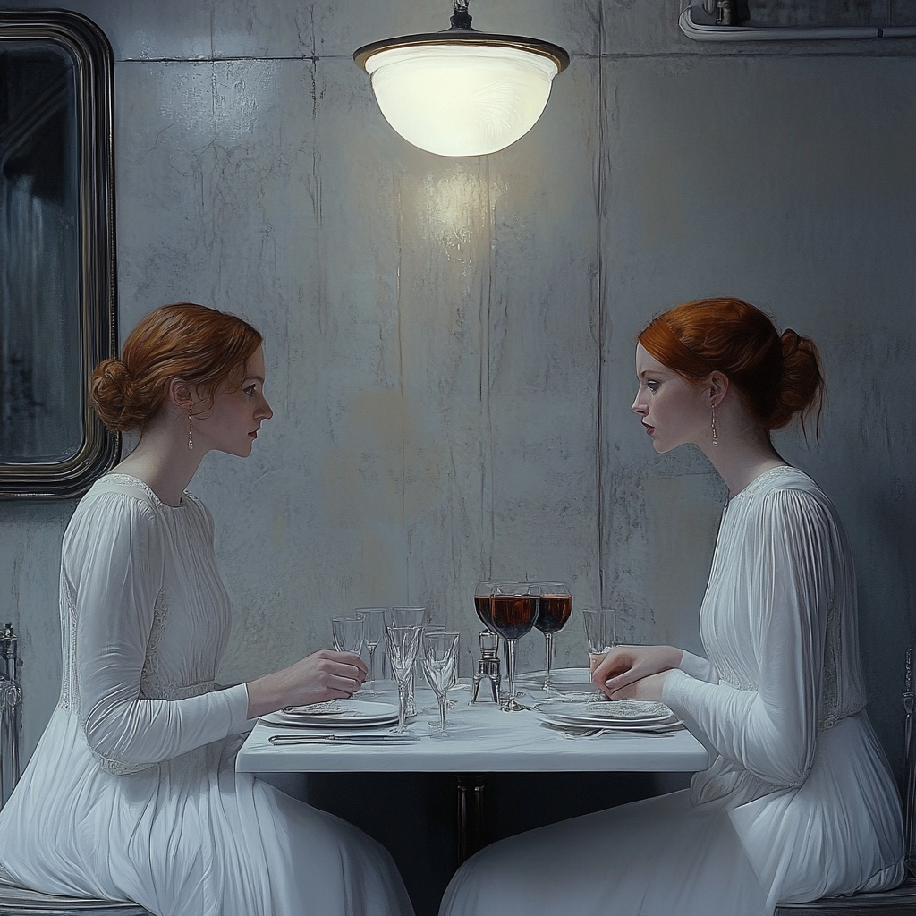 Women in white dresses look at each other intently.